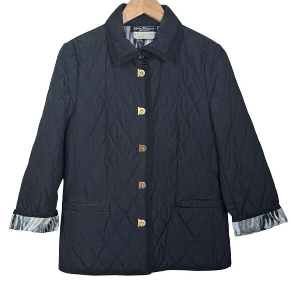 Salvatore Ferragamo Size 8 Black Logo Snap Quilted Zebra Print Lined Jacket - Picture 1 of 9